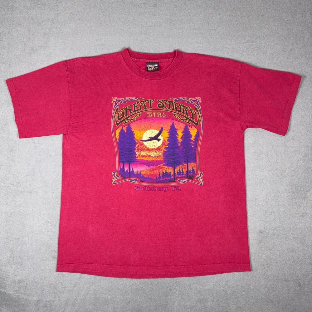 Vintage 90s Great Smoky Mountains Gatlinburg TN T Shirt Signal Sport Pink XL
